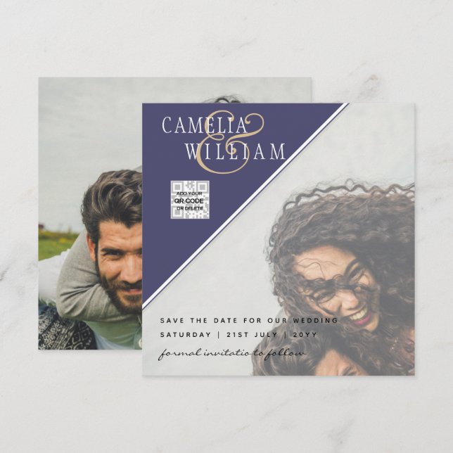 Purple PHOTO Wedding Invite QR CODE RSVP Blue (Front/Back)