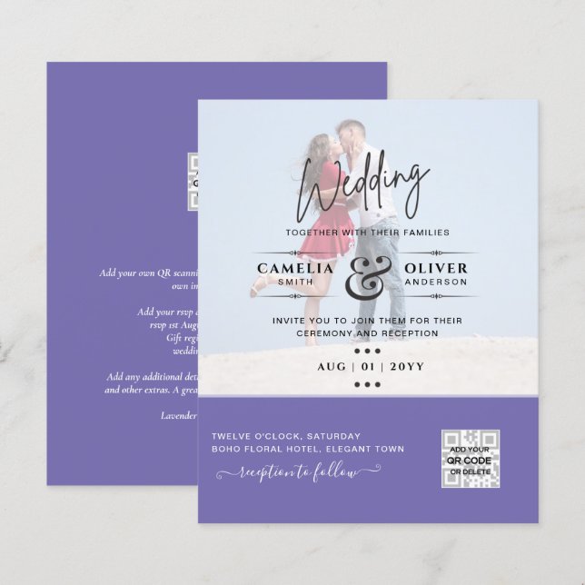 Purple Photo Wedding Invite QR Code Save Date (Front/Back)