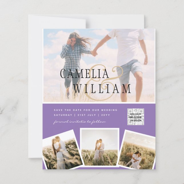 Purple Photo Wedding Invite QR Code Save Date (Front)