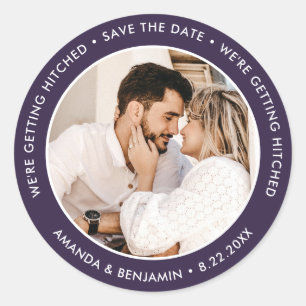 Purple Photo Wedding Save The Date Classic Round Sticker