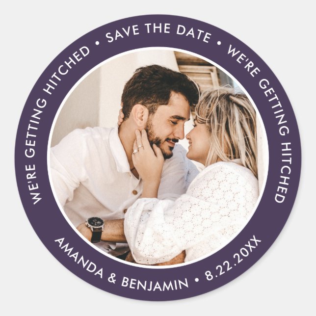 Purple Photo Wedding Save The Date Classic Round Sticker (Front)