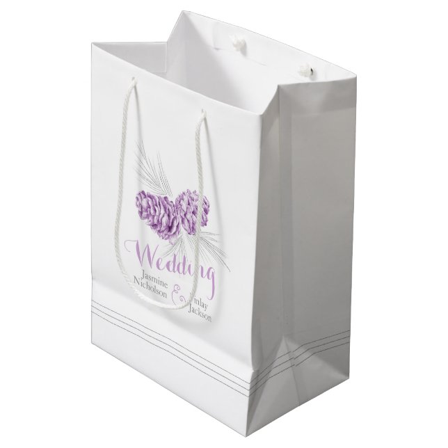 Purple pine cone drawing wedding favour gift bag (Front Angled)