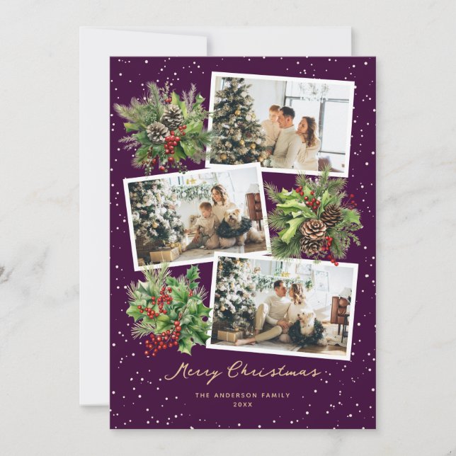 Purple Pine Cones Holly Photo Merry Christmas Card (Front)