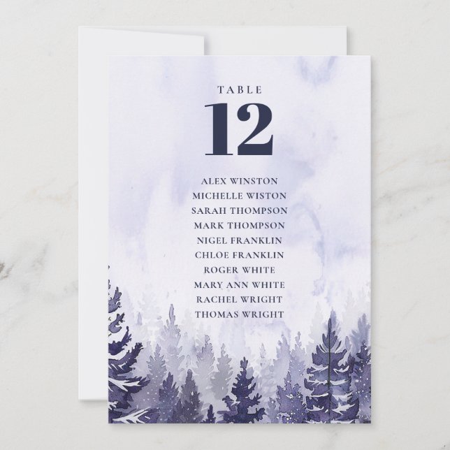 Purple Pine Tree Forest Table Number Seating Chart (Front)