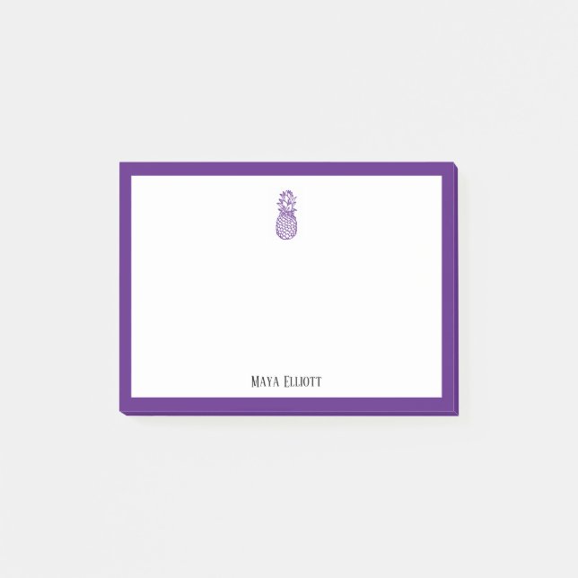Purple Pineapple and Border on White with Name Post-it Notes (Front)