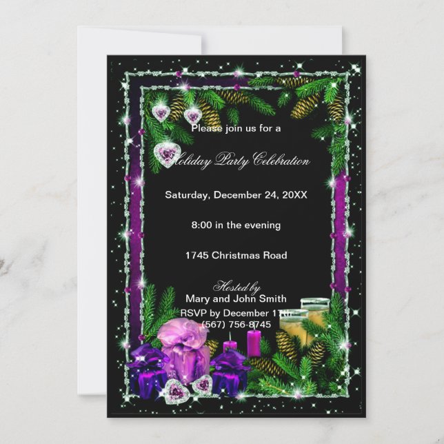 Purple Pinecones Eat Drink Be Merry Christmas Invitation (Front)