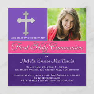 Purple, Pink 1st Holy Communion Photo Invite