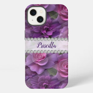 Purple & pink 3D roses, diamond frame custom iPhone 13 Case
