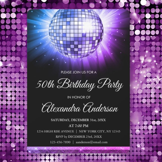 Purple Pink 50th Birthday Party Silver Disco Ball Invitation (Creator Uploaded)