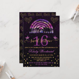 Purple & Pink Agate Rainbow & Hearts Sweet 16 Invitation