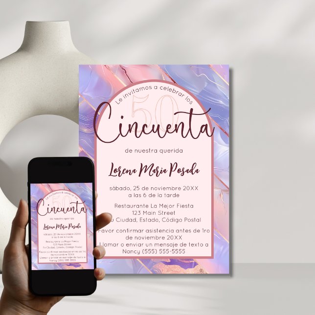 Purple Pink Agate Spanish 50th Birthday For Her Invitation (Creator Uploaded)