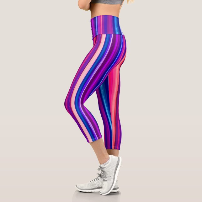 Purple, Pink and Blue Abstract Stripes Capri Leggings (Left)