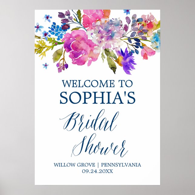 Purple Pink and Blue Flowers Bridal Shower Welcome Poster (Front)