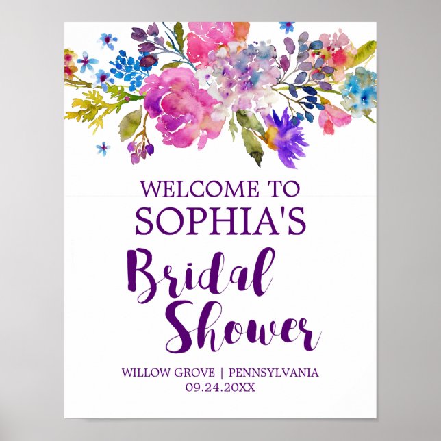 Purple Pink and Blue Flowers Bridal Shower Welcome Poster (Front)