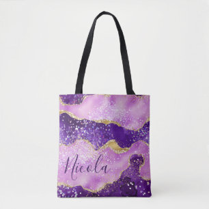 Purple & Pink and Faux Gold Glitter Agate Tote Bag
