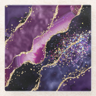 Purple, Pink and Gold Glitter Agate Pattern Glass Coaster