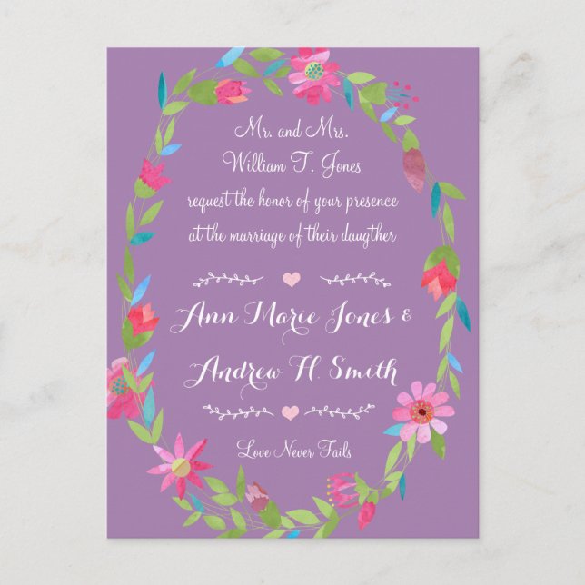 Purple Pink and Green Floral Wreath Wedding Postcard (Front)
