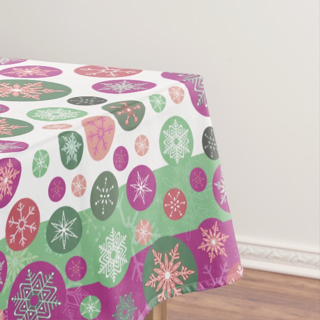 Purple Pink and Green Winter Snowflakes Holiday Tablecloth (In Situ)