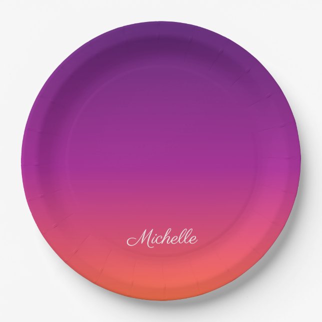 Purple, pink and orange gradient ombre paper plate (Front)