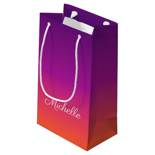 Purple, pink and orange gradient ombre small gift bag (Back Angled)