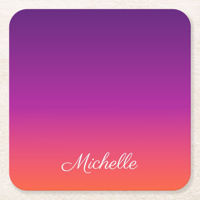 Purple, pink and orange gradient ombre square paper coaster (Front)