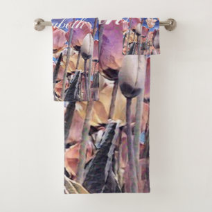 Purple pink and orange tulips bath towel set