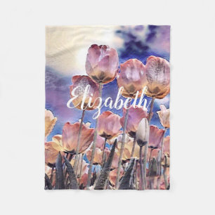 Purple pink and orange tulips fleece blanket