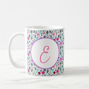 Purple, pink and red watercolor floral monogram coffee mug