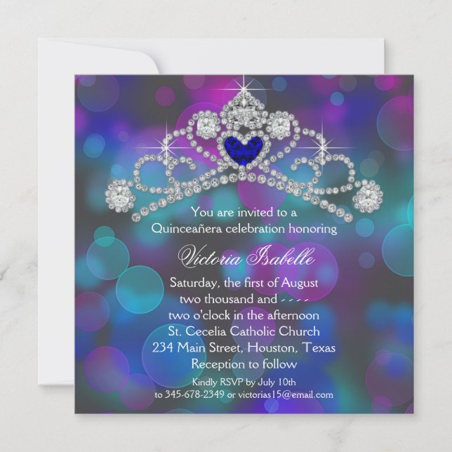 Purple Pink and Teal Blue Quinceanera Invitation (Front)