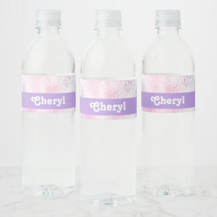 Purple, pink and white glitter print water bottle label