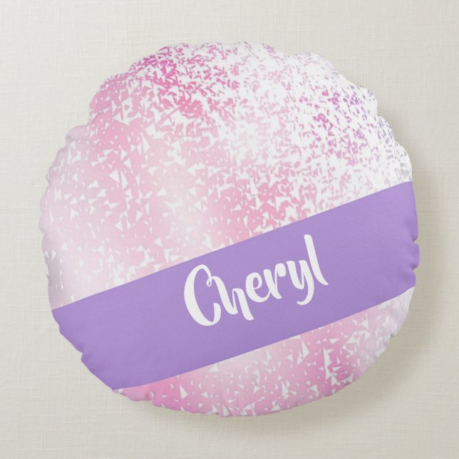 Purple, pink and white ombre glitter round cushion (Front)