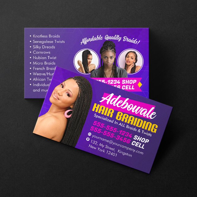 Purple, Pink and Yellow African Hair Braids Photo Business Card (Creator Uploaded)