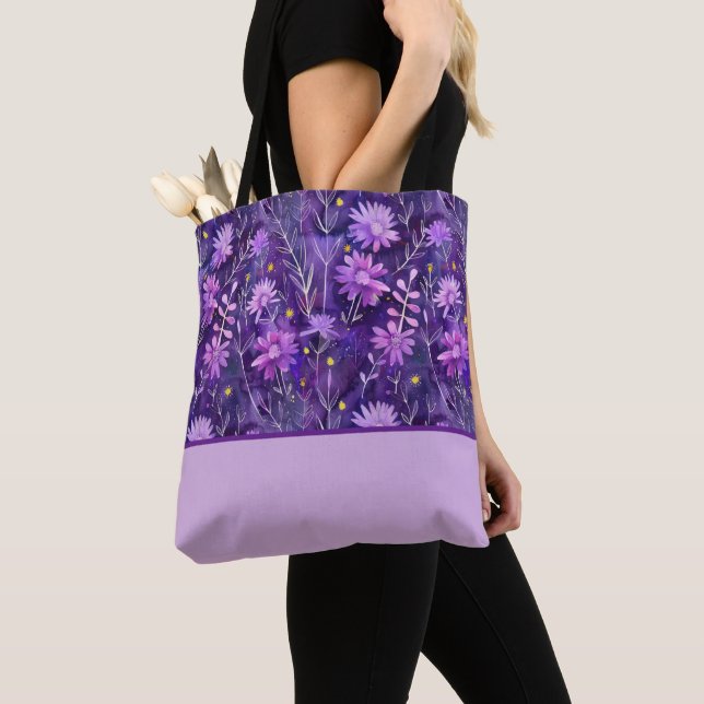 Purple Pink and Yellow Daisy Floral, Colour Block Tote Bag (Close Up)