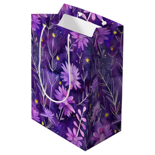 Purple Pink and Yellow Daisy Floral Pattern Medium Gift Bag (Back Angled)