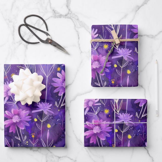 Purple Pink and Yellow Daisy Floral Pattern Wrapping Paper Sheet (Front)