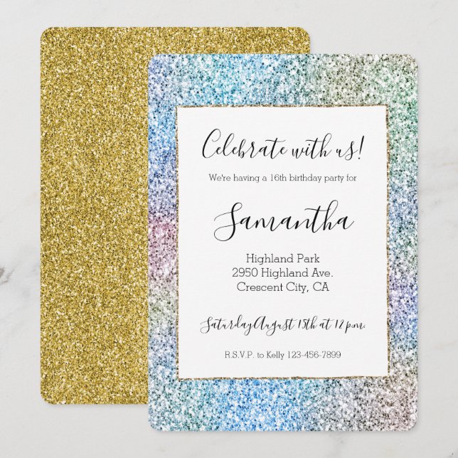 Purple Pink Aqua Blue Gold Unicorn Glitter    Invitation (Front/Back)