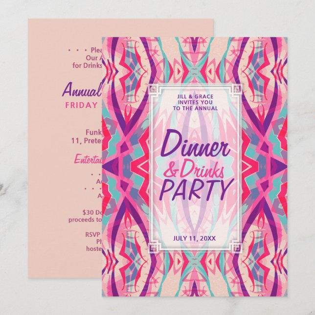 Purple Pink Aqua Boho Chic Dinner Drinks Party Invitation (Front/Back)