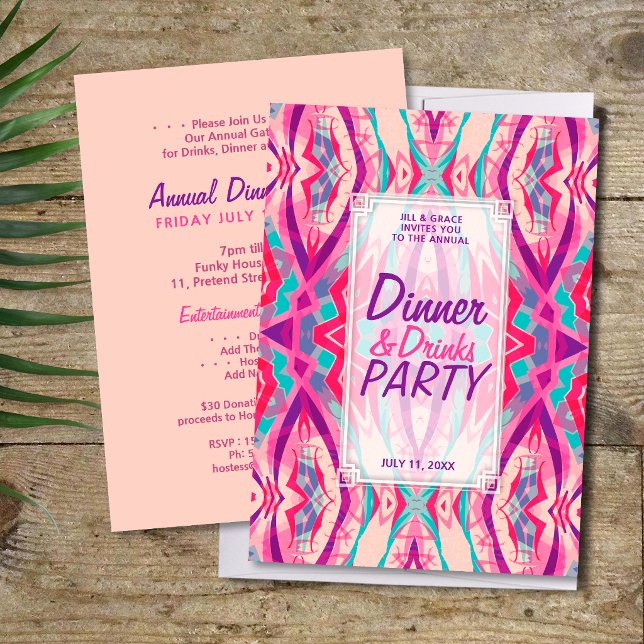 Purple Pink Aqua Boho Chic Dinner Drinks Party Invitation (Creator Uploaded)