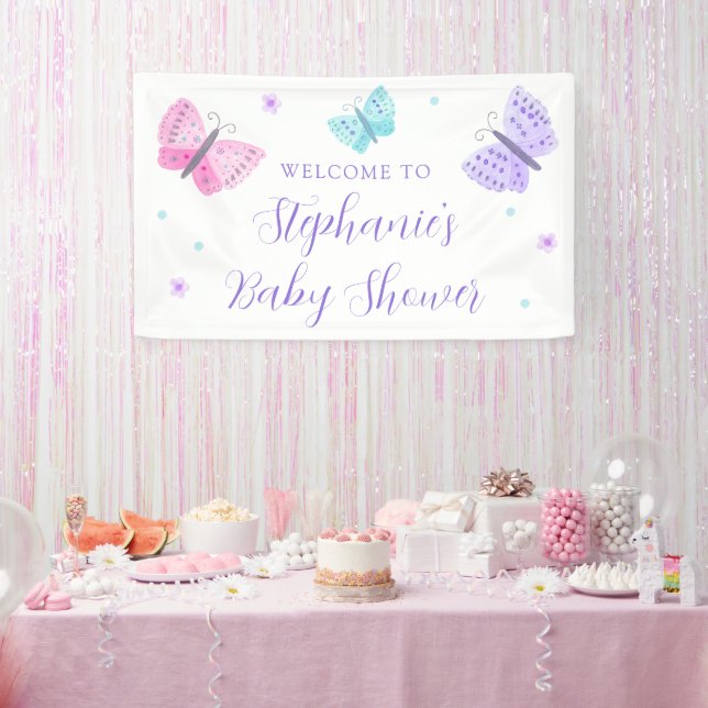 Purple Pink Aqua Butterflies Baby Shower Welcome Banner (Party)
