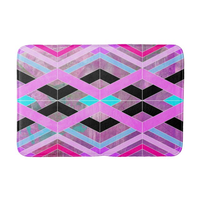 Purple Pink & Aqua Geometric Crossing Stripes Bath Mat (Front)