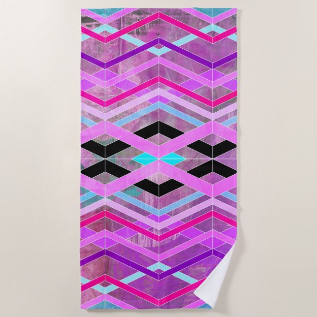 Purple Pink & Aqua Geometric Crossing Stripes Beach Towel (Front)