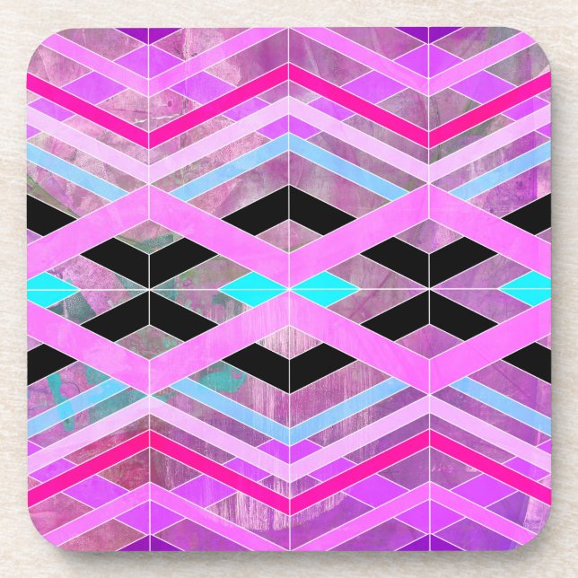 Purple Pink & Aqua Geometric Crossing Stripes Coaster (Front)