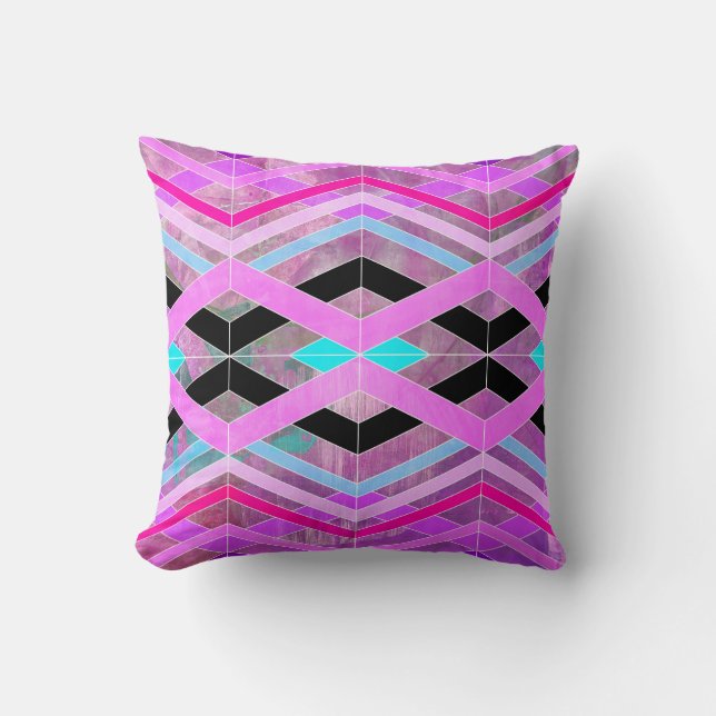 Purple Pink & Aqua Geometric Crossing Stripes Cushion (Front)