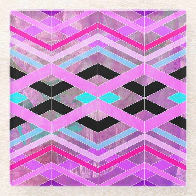 Purple Pink & Aqua Geometric Crossing Stripes Glass Coaster (Front)