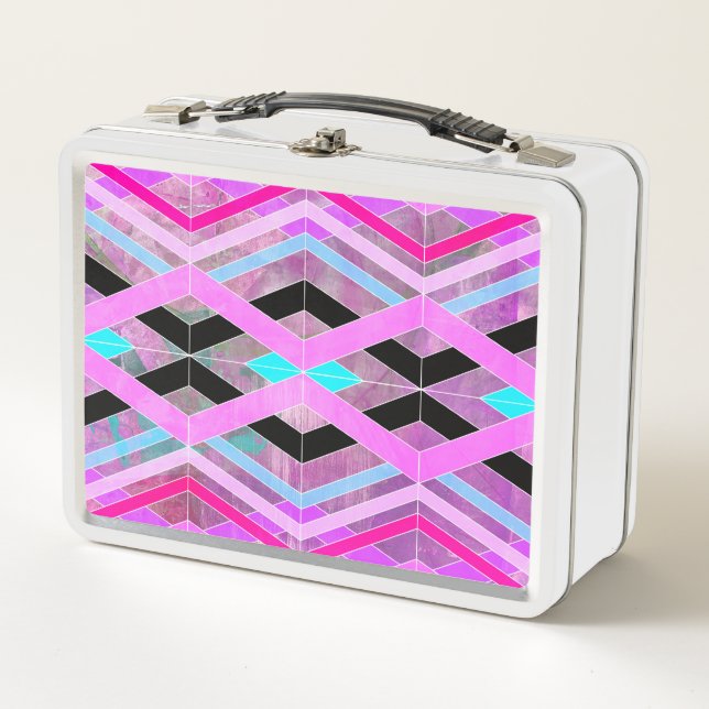 Purple Pink & Aqua Geometric Crossing Stripes Metal Lunch Box (Front)