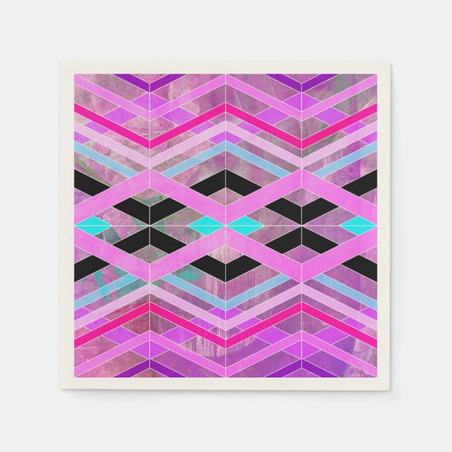 Purple Pink & Aqua Geometric Crossing Stripes Napkin (Front)