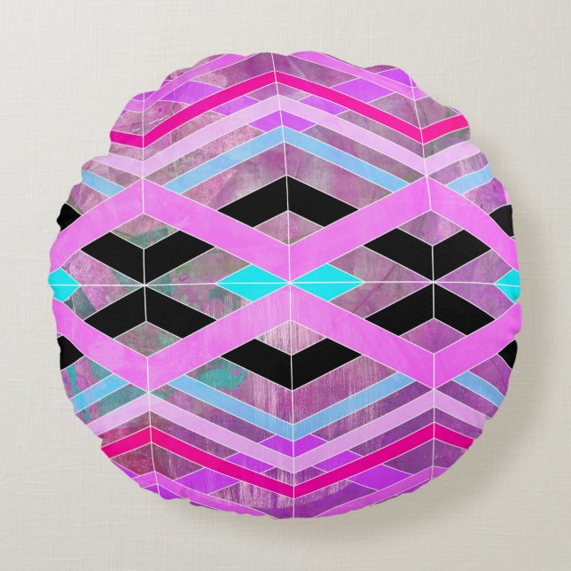Purple Pink & Aqua Geometric Crossing Stripes Round Cushion (Front)