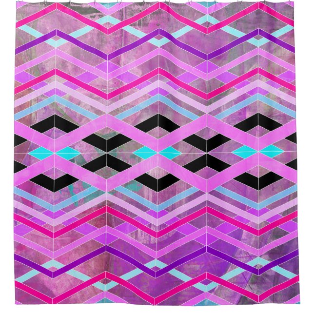 Purple Pink & Aqua Geometric Crossing Stripes Shower Curtain (Front)
