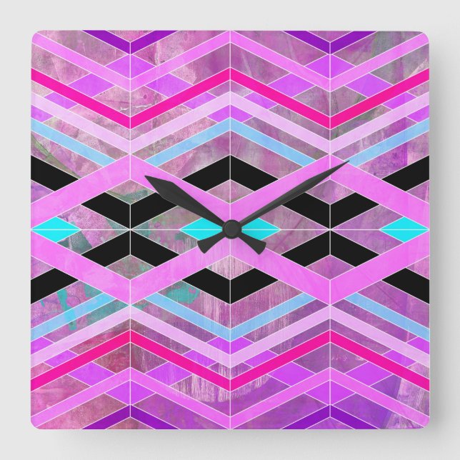 Purple Pink & Aqua Geometric Crossing Stripes Square Wall Clock (Front)
