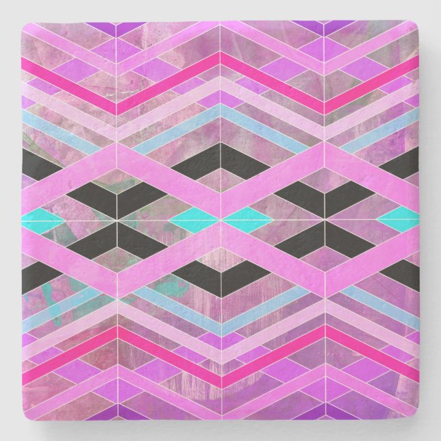 Purple Pink & Aqua Geometric Crossing Stripes Stone Coaster (Front)